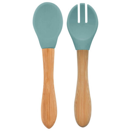 Set cucchiaio e forchetta con punta in silicone e manico in bambù, Aqua Green, Minikoioi