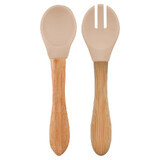 Set cucchiaio e forchetta con punta in silicone e manico in bambù, Bubble Beige, Minikoioi
