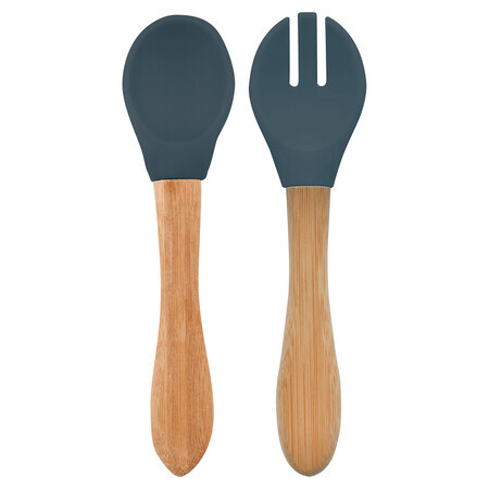 Set cucchiaio e forchetta con punta in silicone e manico in bambù, Deep Blue, Minikoioi