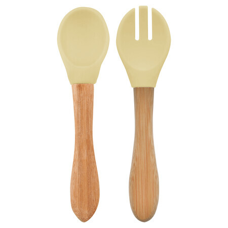 Set cucchiaio e forchetta con punta in silicone e manico in bambù, Mellow Yellow, Minikoioi