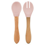 Set cucchiaio e forchetta con punta in silicone e manico in bambù, Pinky Pink, Minikoioi