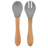 Set cucchiaio e forchetta con punta in silicone e manico in bambù, Powder Grey, Minikoioi