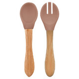 Set cucchiaio e forchetta con punta in silicone e manico in bambù, Woody Brown, Minikoioi