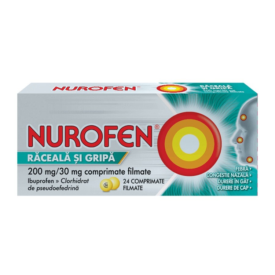 Nurofen Influenza e Raffreddore 200 mg + 30 mg, 24 compresse rivestite, Reckitt Benckiser